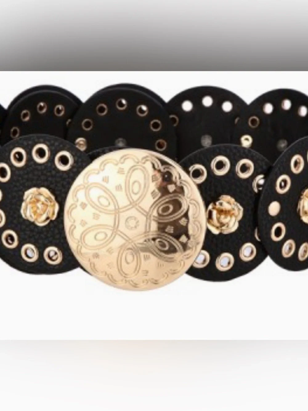 Boho Black & Brown Medallion Disc Belt Rosette Accent  – Gold or Silver Tone